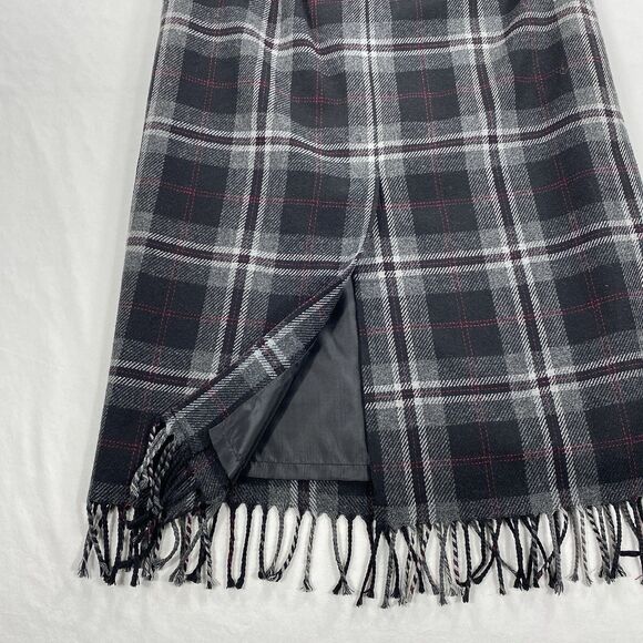 Worthington Wool Blend Midi Skirt Gray Plaid Fringe Dark Academia Petite 10 - Picture 2 of 7